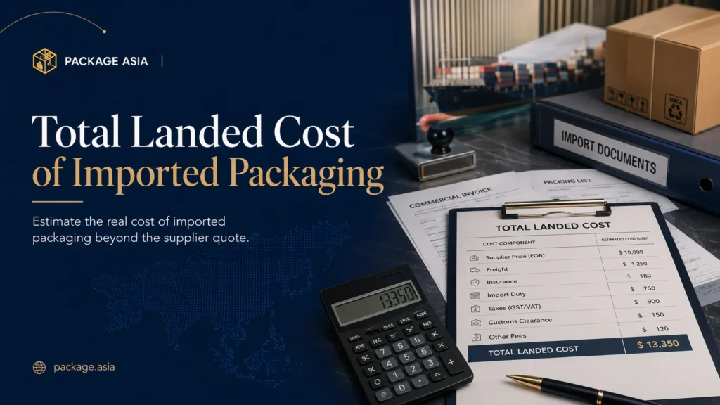 Landed cost for imported packaging including freight duty taxes and fees