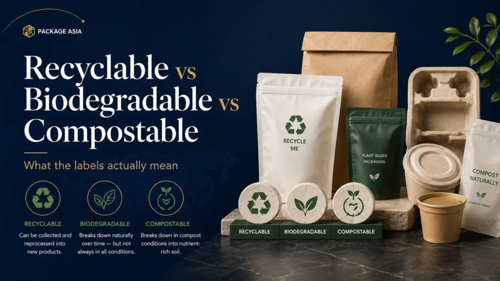 Recyclable vs biodegradable vs compostable packaging labels and materials comparison by Package Asia