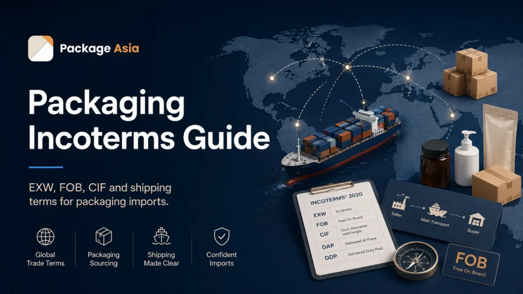 Packaging Incoterms guide explaining EXW, FOB, CIF, DAP and DDP for packaging imports