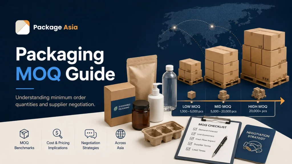 Packaging MOQ guide explaining minimum order quantities, cost implications and supplier negotiation across Asia